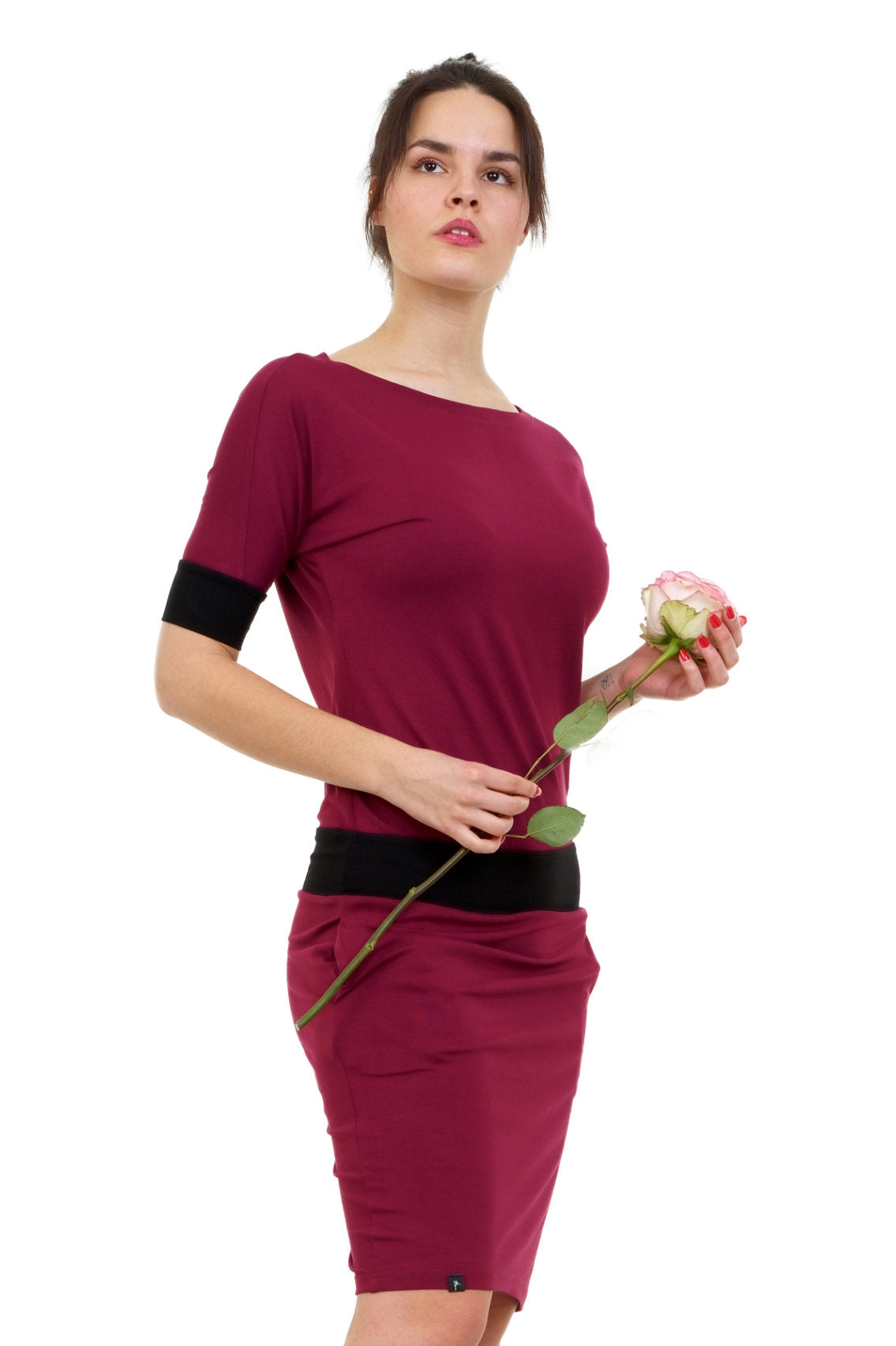 Fledermaus Kleid bordeaux schwarz WASCHMUSTER