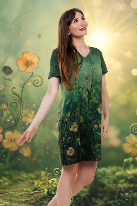 Frau trägt das grüne Webkleid Mythenwiese mit Blumenprint und Taschen, genäht in Berlin