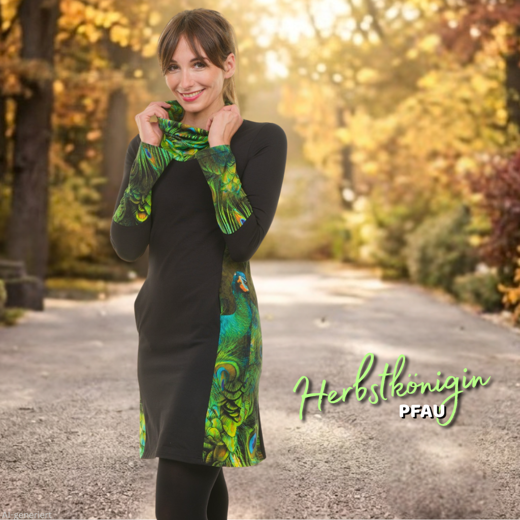 Herbstkönigin Kleid schwarz mit Pfauenfeder-Print und Schalkragen von 3Elfen – Ansicht 7