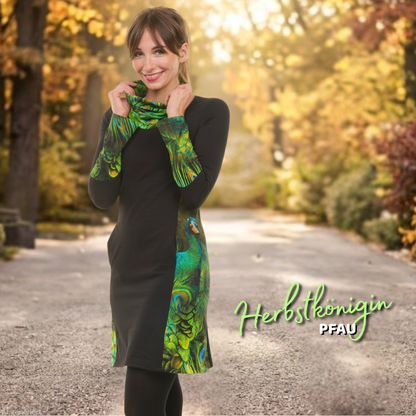 Herbstkönigin Kleid schwarz mit Pfauenfeder-Print und Schalkragen von 3Elfen – Ansicht 7