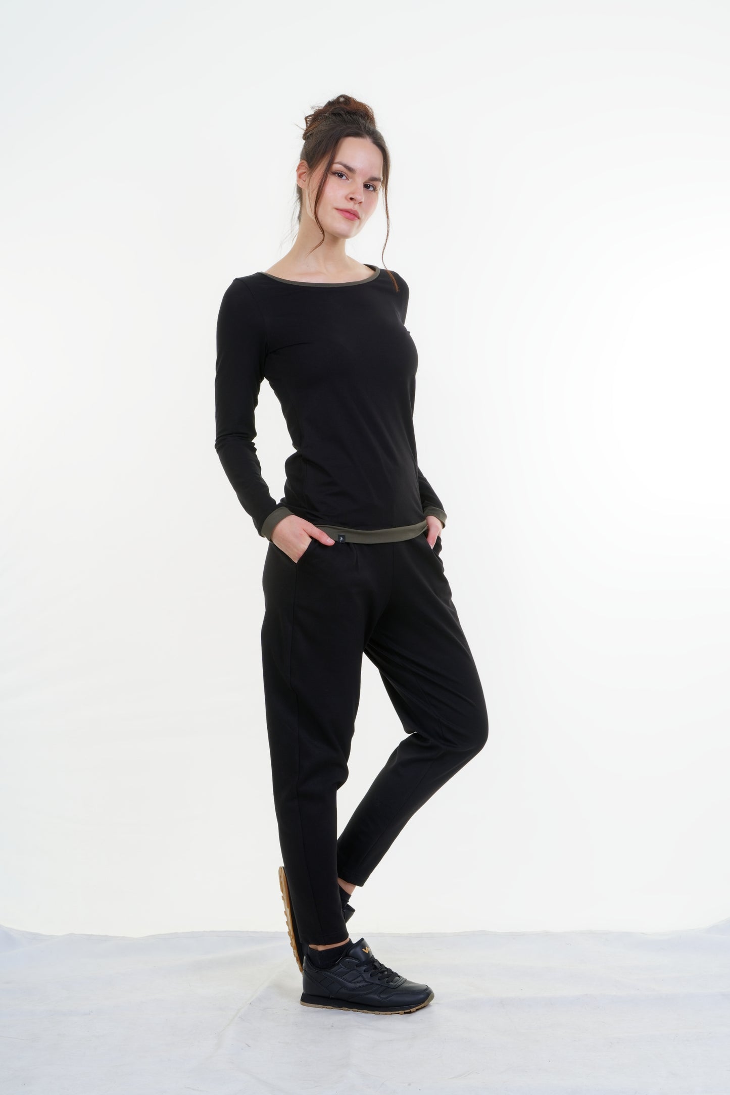 T-shirt casual à manches longues noir olive