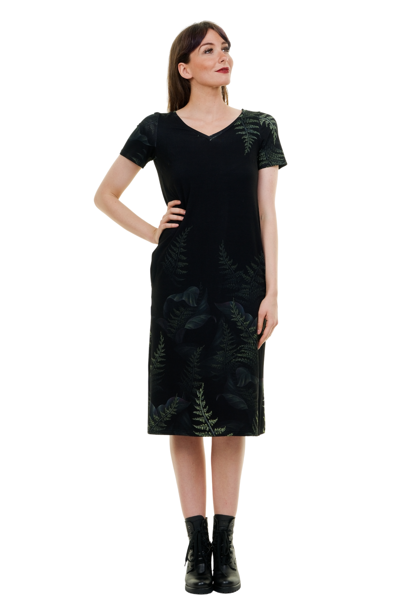 knielanges Kleid mit grünem Farn-Muster und Taschen, Made in Berlin von 3Elfen.