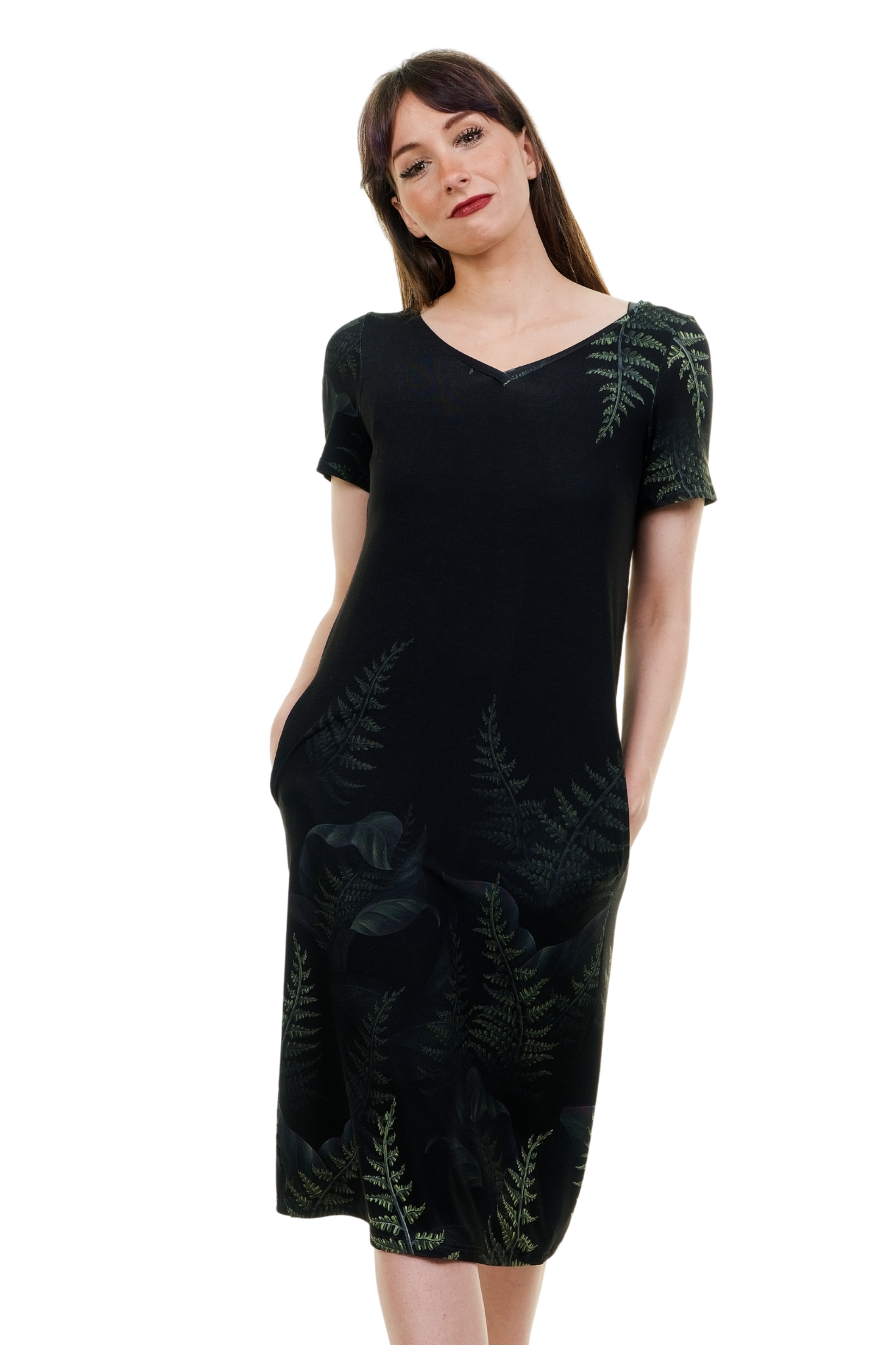 Schwarzes knielanges Kleid mit grünem Farn-Muster und Taschen, Made in Berlin von 3Elfen.