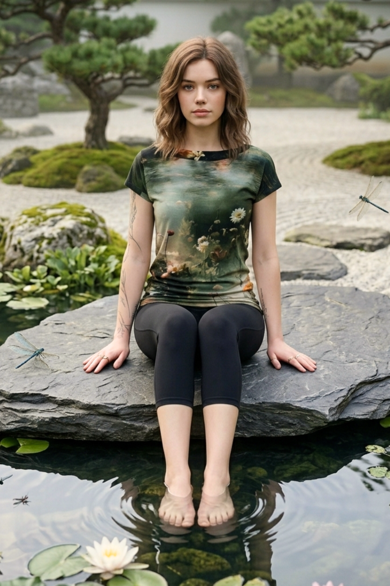 Frau sitzt meditatv an einem japanischen Zen-Teich und trägt das Pixie Shirt 'Teichrose' von [Dein Markenname], ein nachhaltig in Berlin hergestelltes Damen-T-Shirt mit floralem Allover-Print in Grün und Weiß.