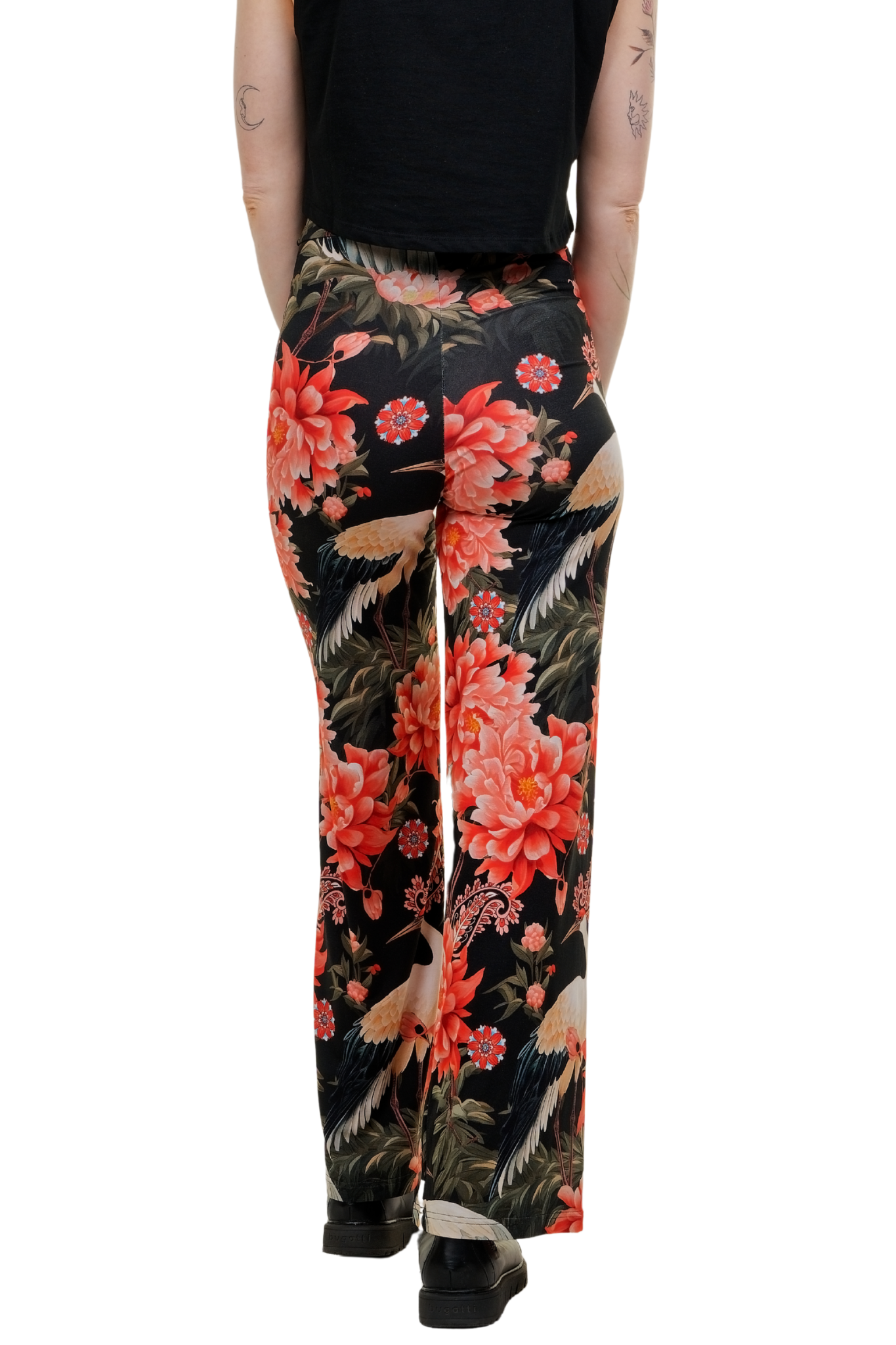 Hoch geschnittene Wide-Leg-Hose mit elastischem Bund und asiatisch inspiriertem Blumen-Vogel-Muster