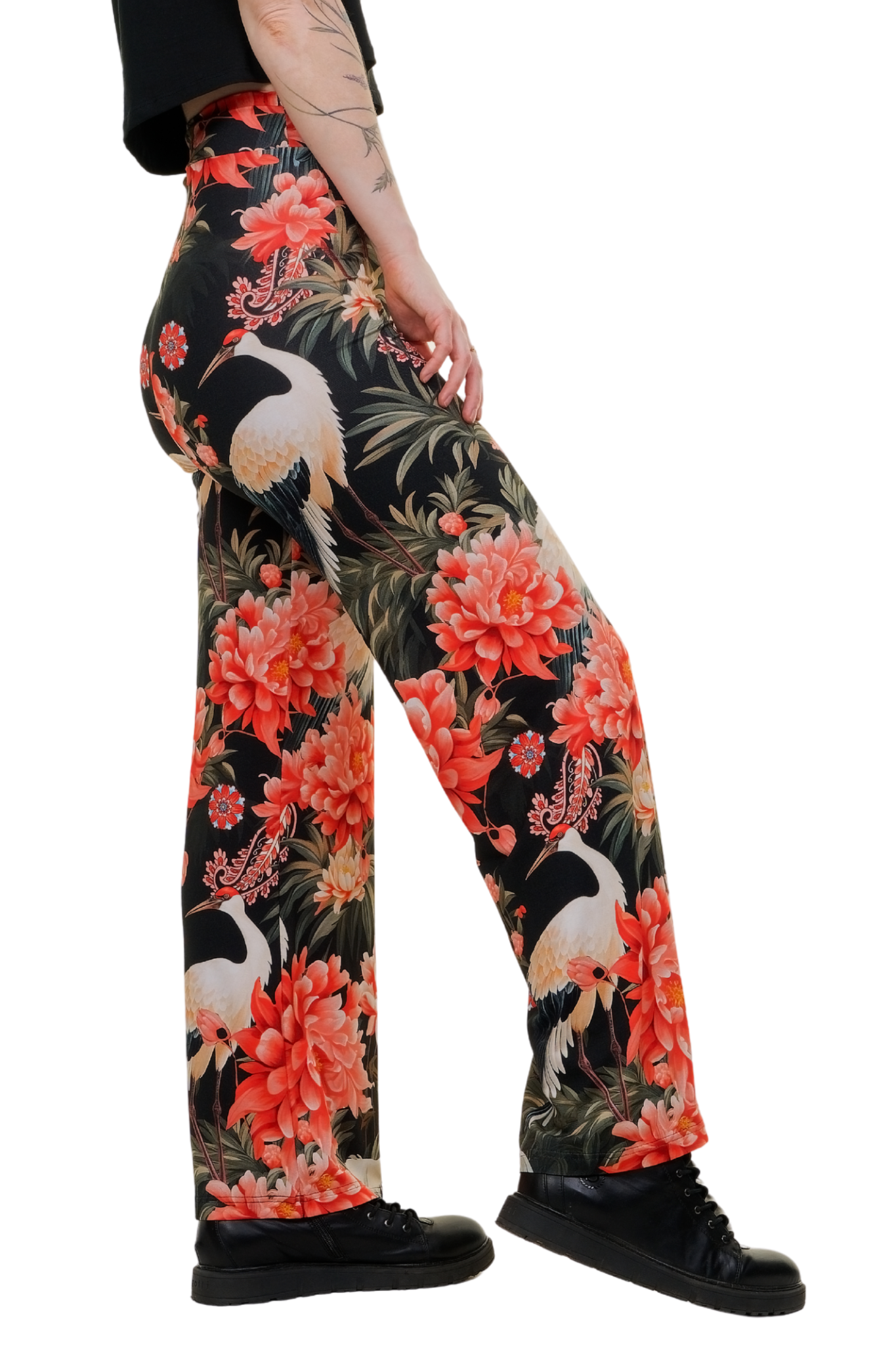 Hoch geschnittene Wide-Leg-Hose mit elastischem Bund und asiatisch inspiriertem Blumen-Vogel-Muster