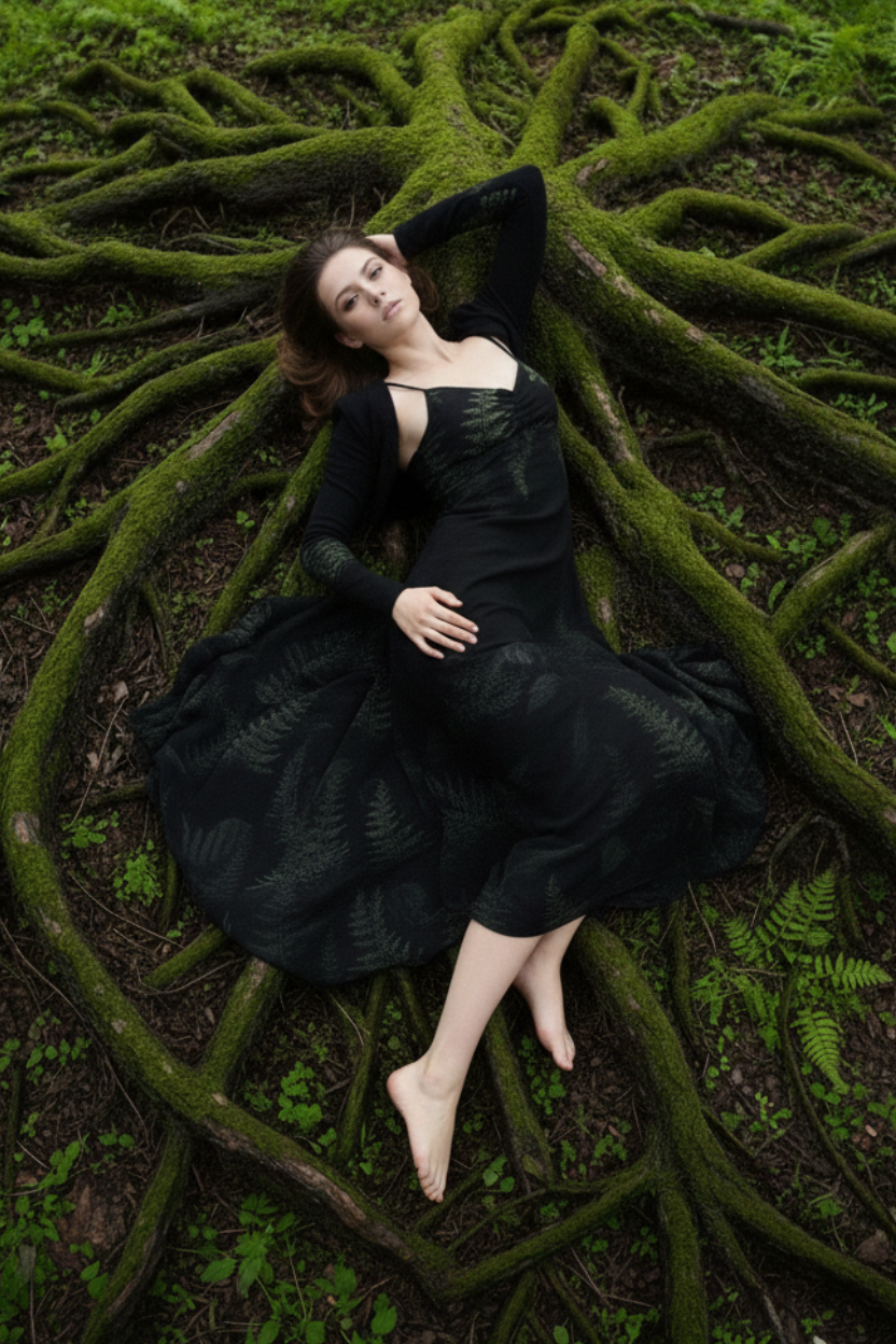 Mystisches Maxi-Kleid Düsterfarn mit Farn-Print, präsentiert in einer Waldkulisse auf Mooswurzeln.
