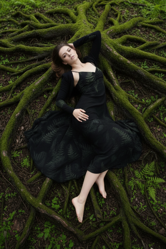 Mystisches Maxi-Kleid Düsterfarn mit Farn-Print, präsentiert in einer Waldkulisse auf Mooswurzeln.