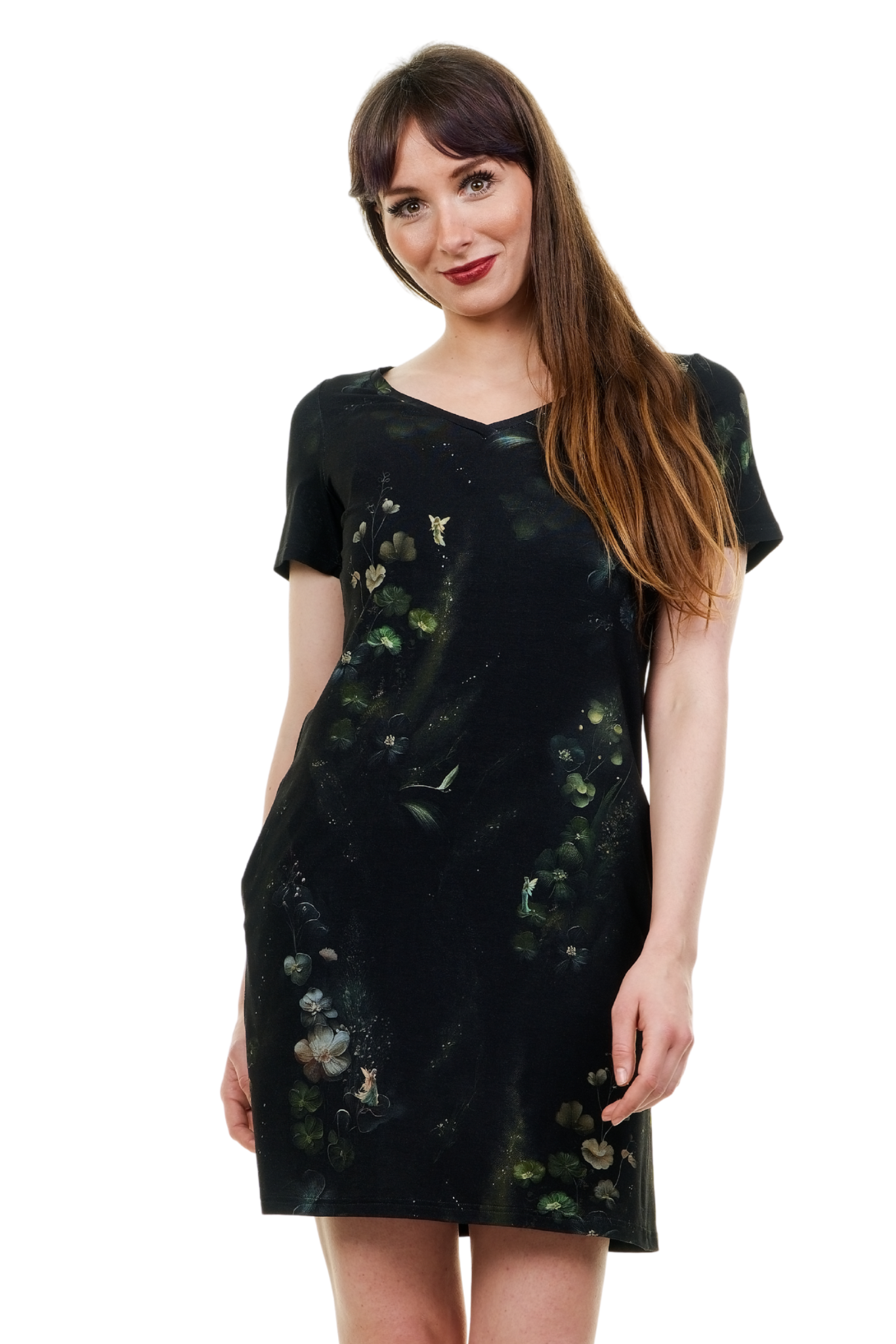 Schwarzes Jerseykleid Lillie von 3Elfen mit exklusivem Dunkelelfen-Blumenprint, A-Linien-Schnitt und Taschen, hergestellt in Polen.
