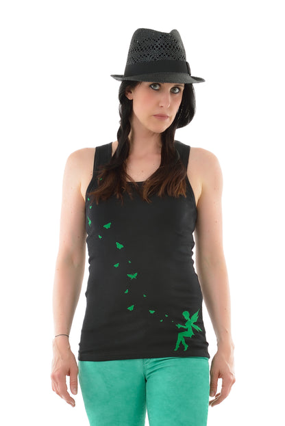 SALE Größe L Tank Top Schwarz Schmetterling grün