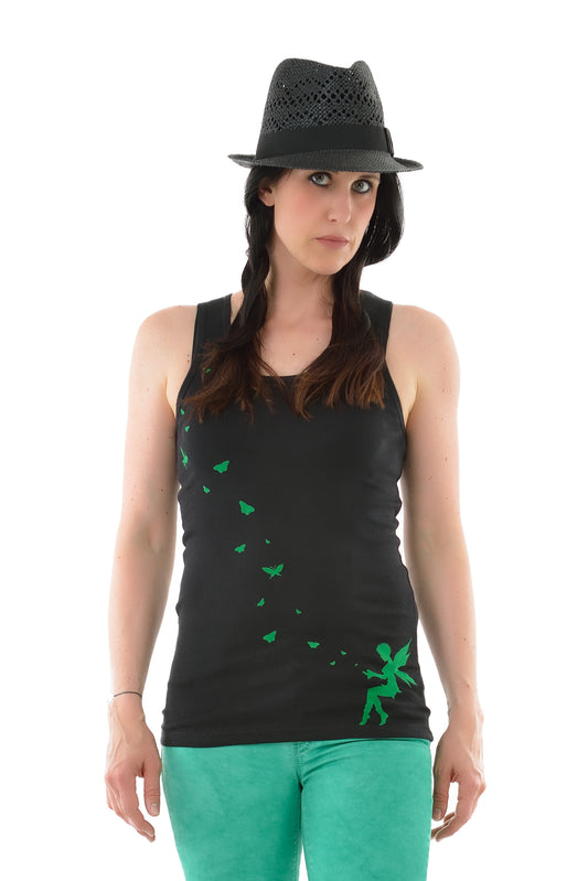 SALE Größe L Tank Top Schwarz Schmetterling grün